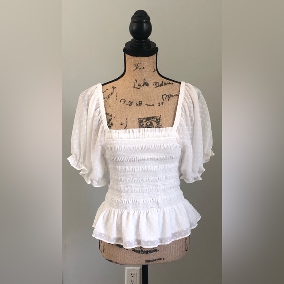 EXPRESS WHITE SMOCKED PUFF SLEEVE TOP, SIZE PETITE SMALL - Picture 1 of 10